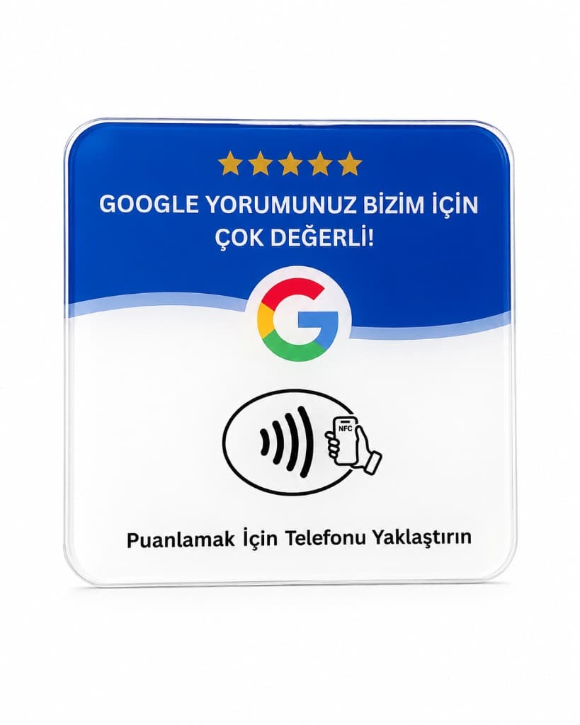 Google Yorum NFC Kartı ön görünüm — akrilik pleksi, epoksi kaplama ve QR yok
