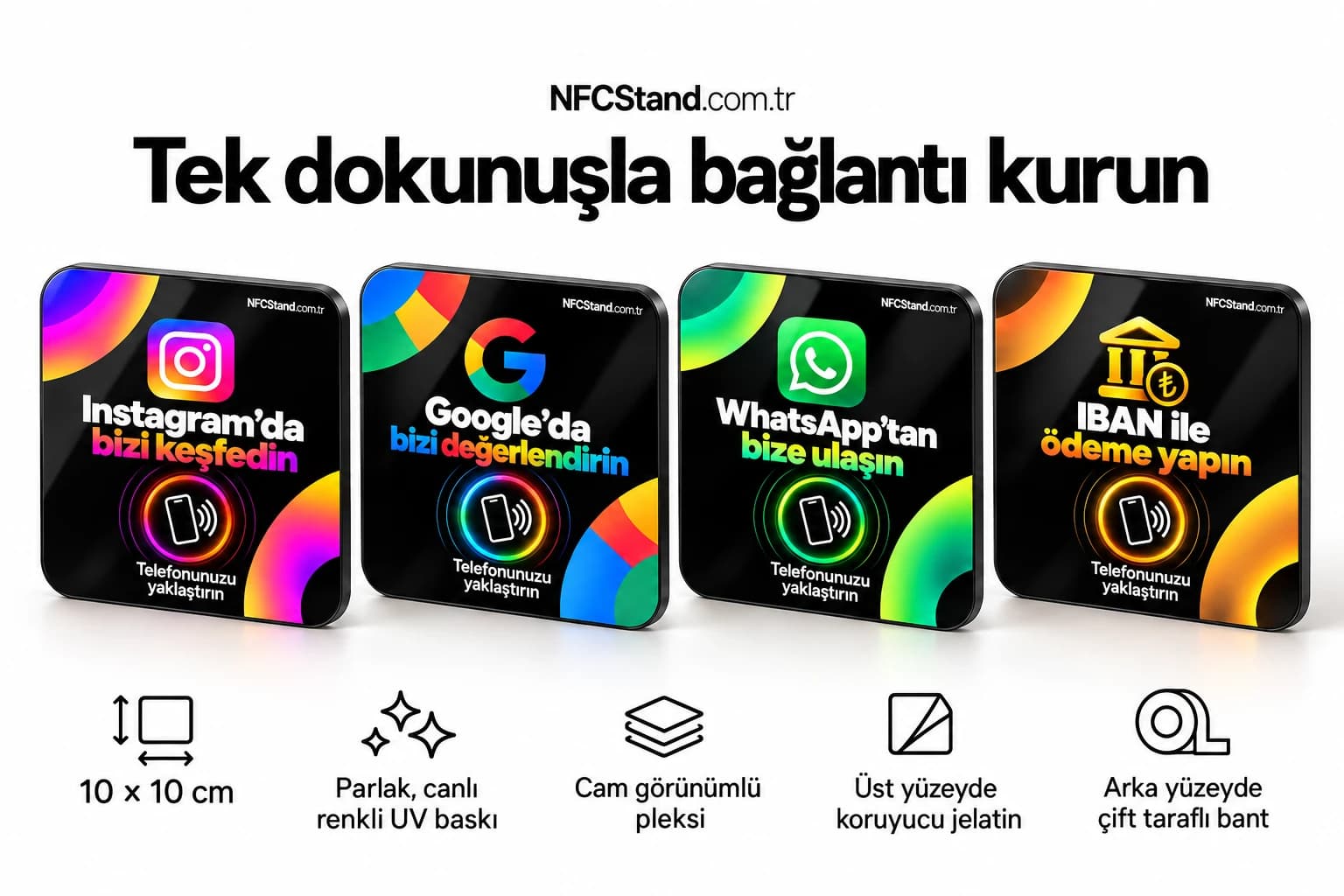 4'lü 10×10 cm NFC kart paketi: Instagram, Google, WhatsApp ve IBAN ödeme kartları yan yana